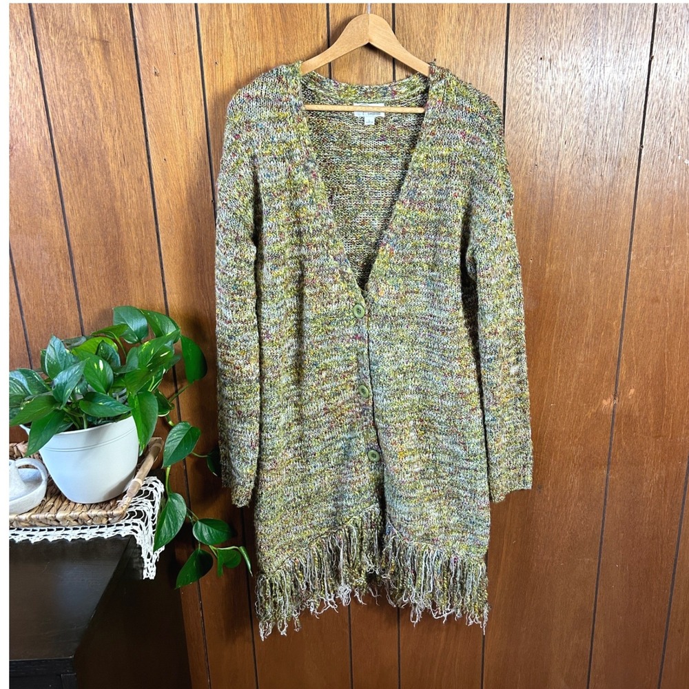 Vintage Ponsesa Cardigan Sweater Fringe Green‎ Multi Color Size L